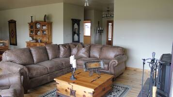 Älytelevisio, takka, DVD-soitin, kirjoja