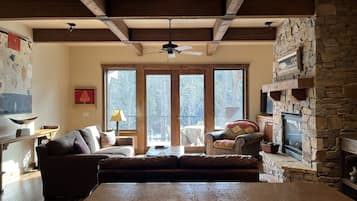 Smart TV, fireplace, DVD player, books