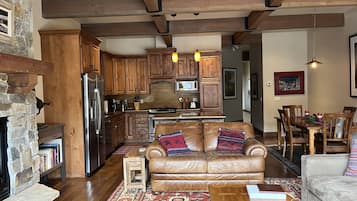 Smart TV, fireplace, DVD player, books