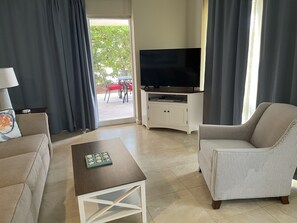 Smart TV, fireplace, video games, DVD player