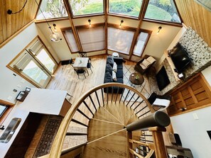 Smart TV, chimenea, reproductor de DVD y libros