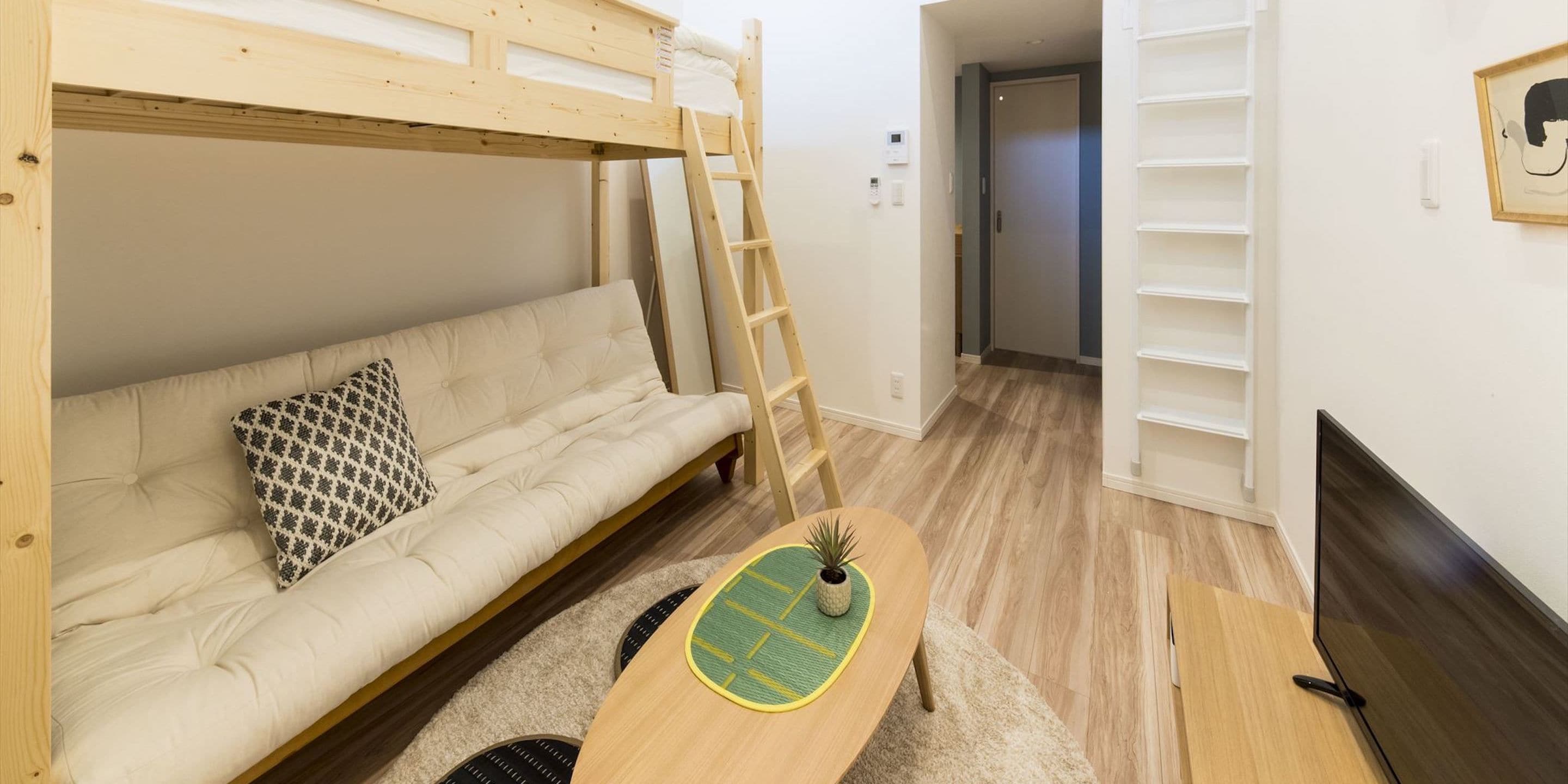 Une pièce confortable avec un lit superposé, un canapé, une petite table avec une plante et un téléviseur.
