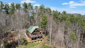 Une cabane entourée d’arbres, dotée d’une terrasse et de meubles d’extérieur.