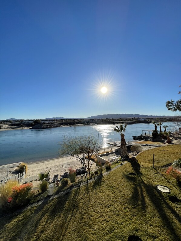 A riverside view with a clear sky, a sunlit water body, and a grassy area with seating and palm trees. - Colorado River Mohave ValleyAZ-Private Bch & Lnch Ramp-Cabral Riverfront Oasis-2 (Mohave Valley)