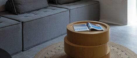 A modern room with a grey sofa, a wooden coffee table with magazines, and a patterned rug.
