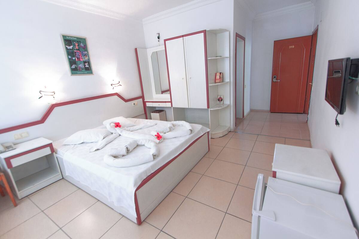 A hotel room with a bed, a desk, a wardrobe, a TV, and a door.
