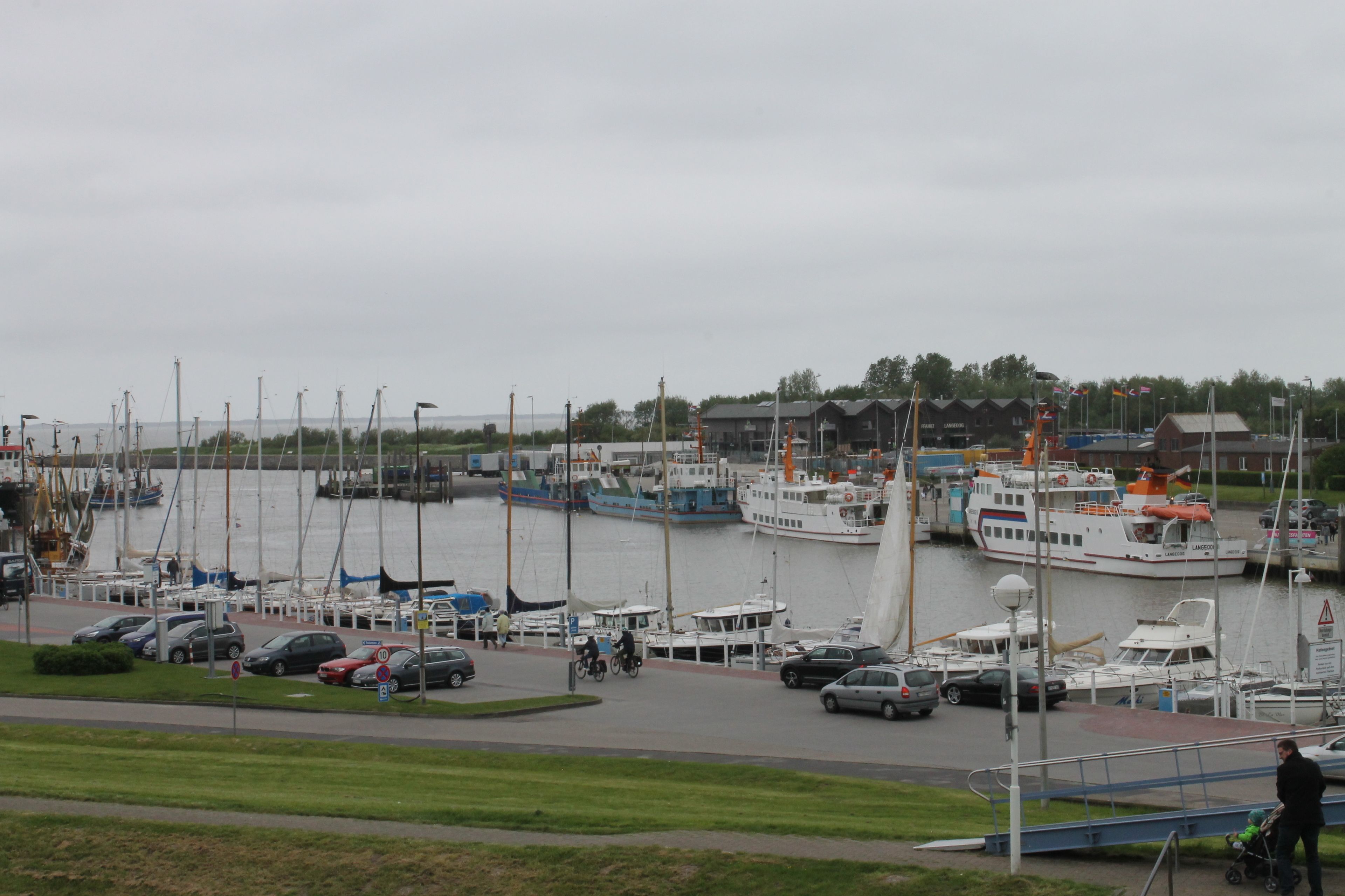 A marina with boats docked, a pedestrian walkway, and a building in the background.