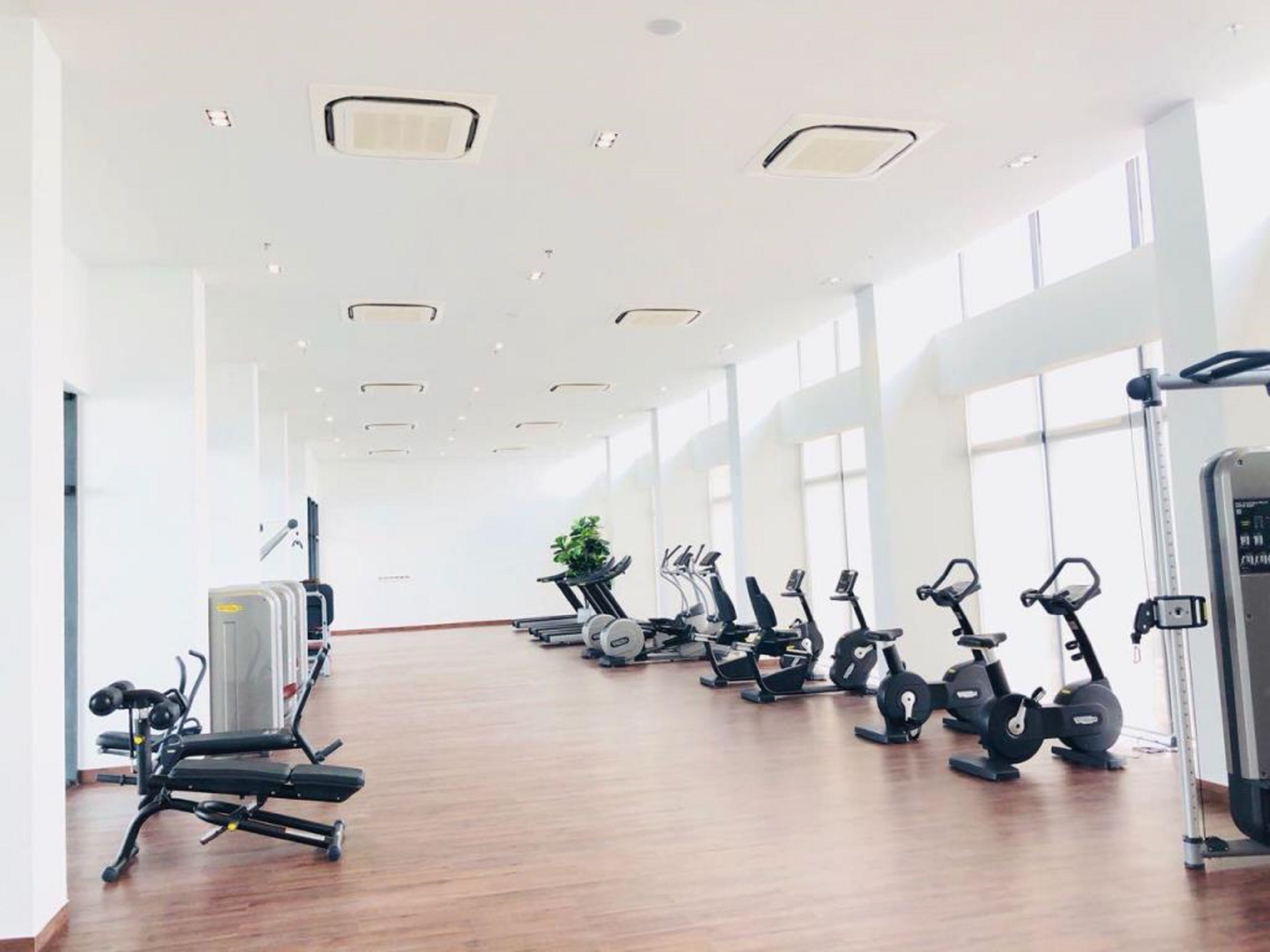 Un'ampia palestra con diverse attrezzature per esercizi, ampie finestre e pavimento in legno.