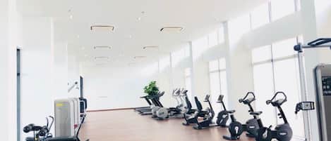 Un'ampia palestra con diverse attrezzature per esercizi, ampie finestre e pavimento in legno.