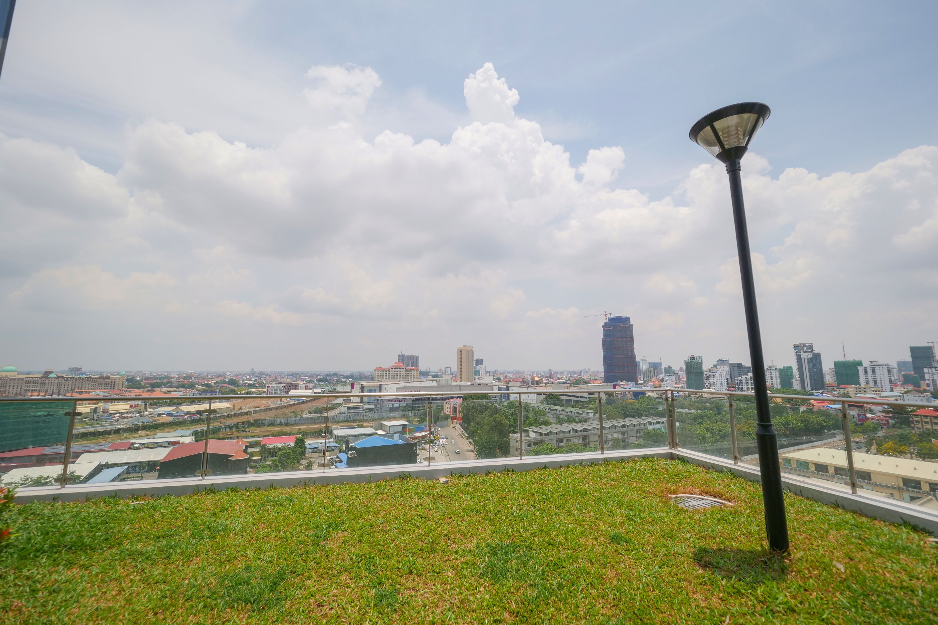 A rooftop garden with a street view, a street lamp, and a cityscape in the background.