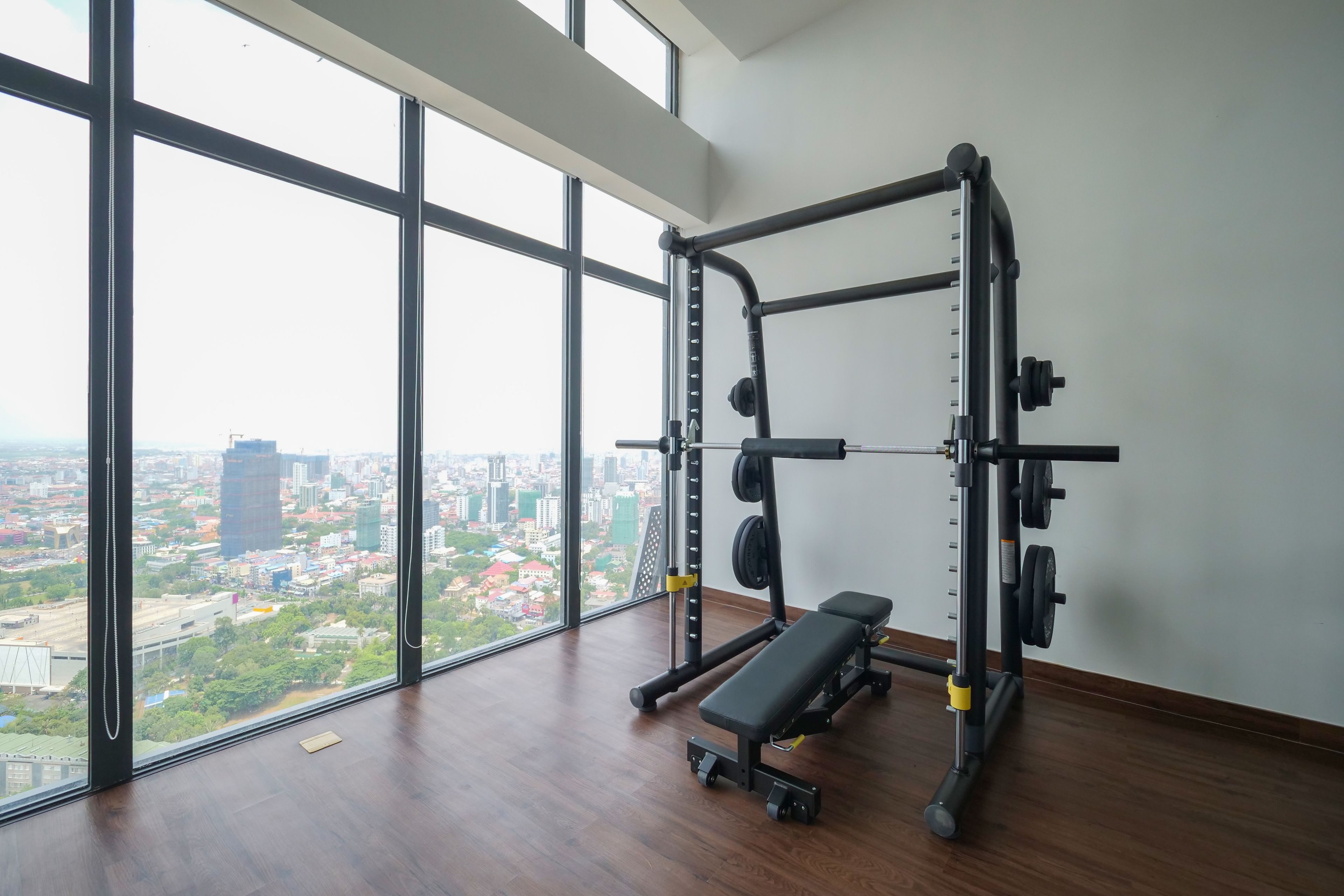 Ein Fitnessstudio mit Squat-Stand und Bank, große Fenster mit Blick auf die Stadt.