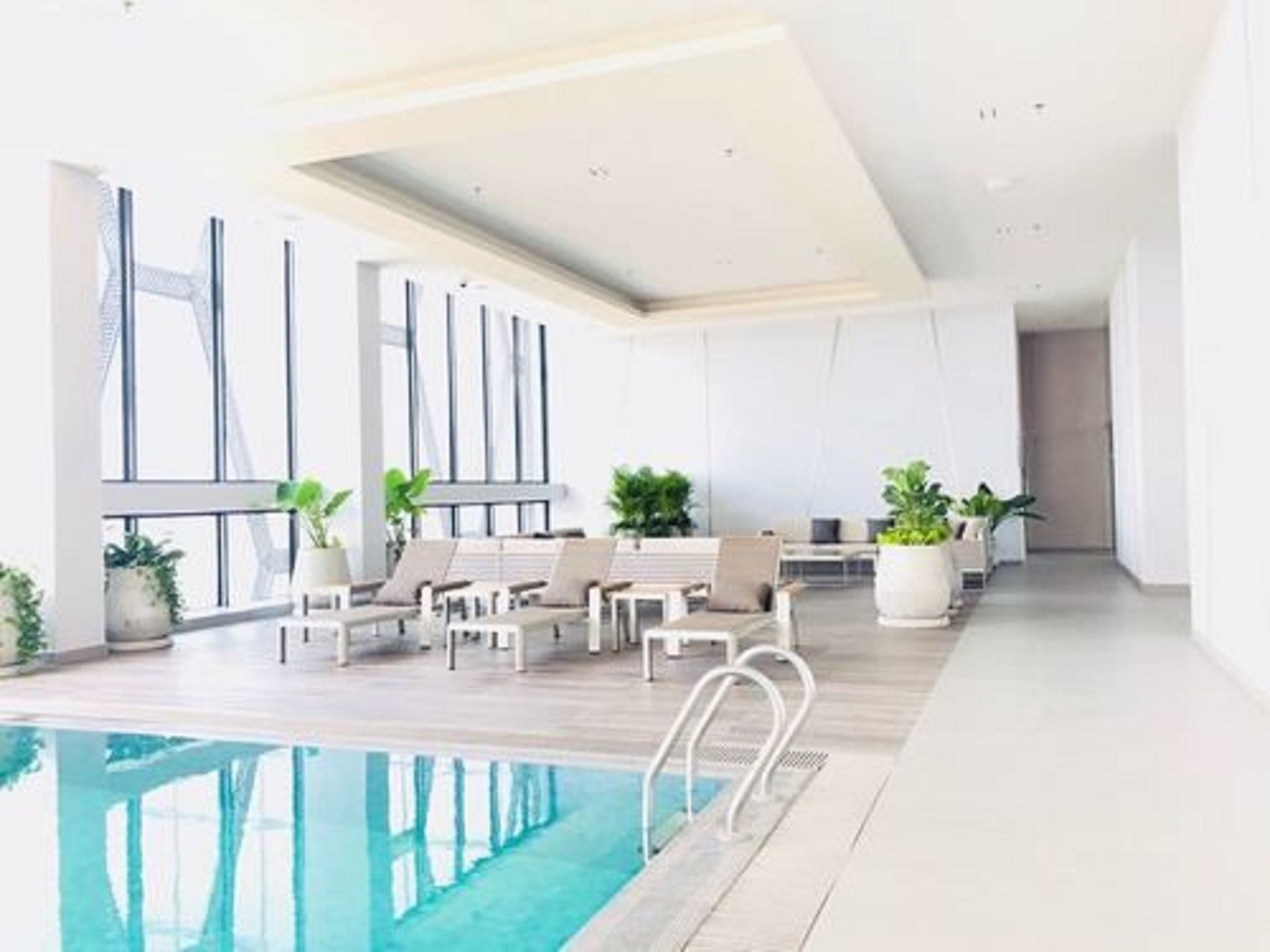 A modern indoor pool area with lounge seating and potted plants.