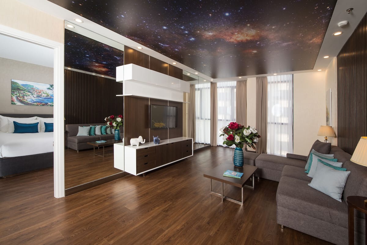 A modern living room with a starry ceiling mural, a sofa, a coffee table, and a TV.
