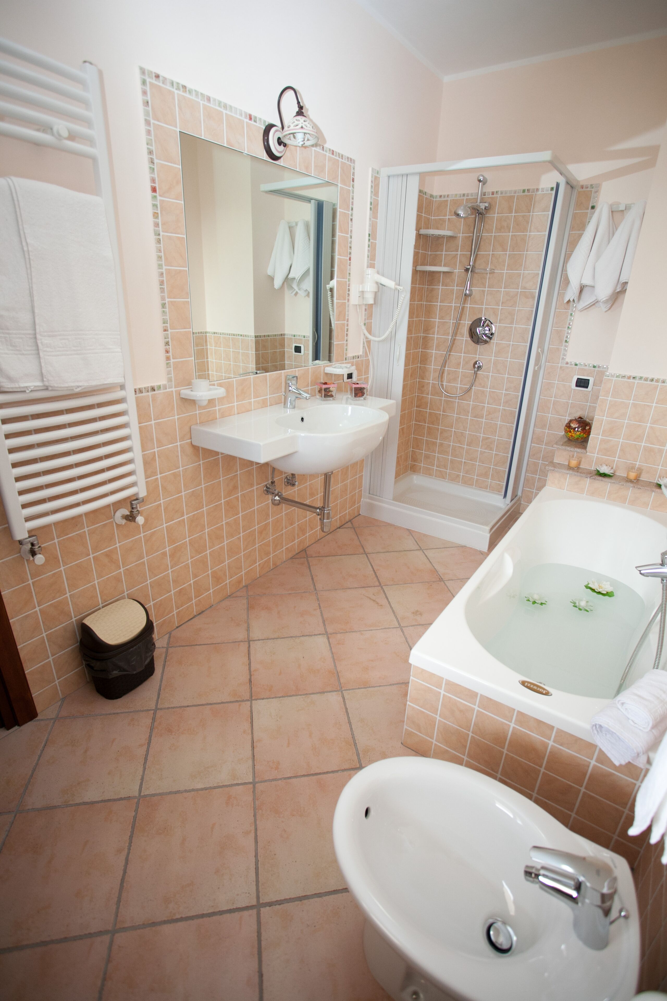 Douche, sèche-cheveux, bidet, serviettes fournies