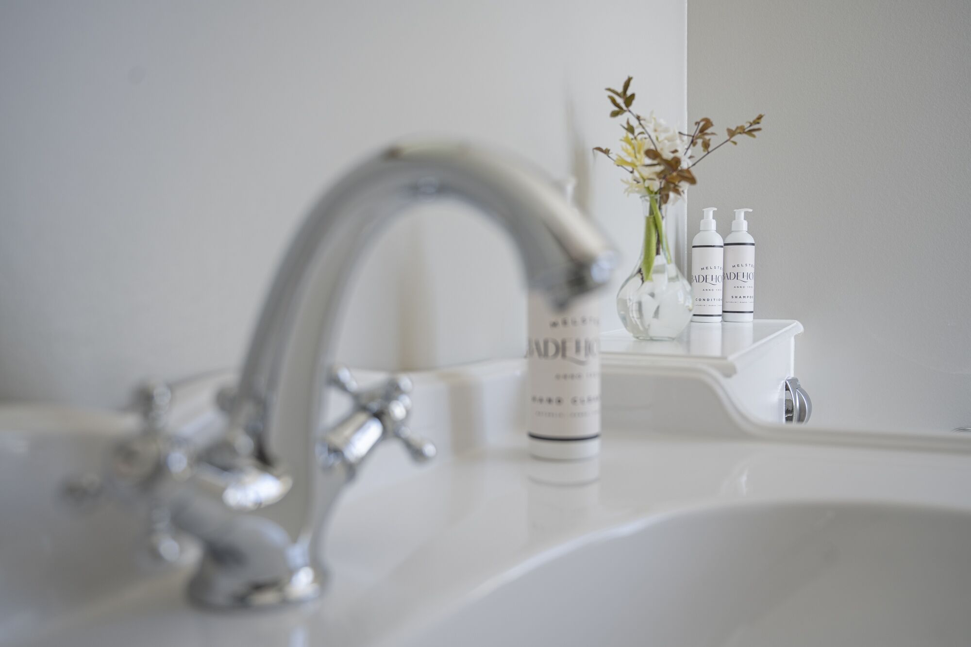 A bathroom sink with a modern faucet, a vase with dried flowers, and two bottles of shampoo on a small shelf.