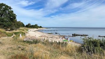 A coastal landscape with a sandy beach, grassy areas, and a calm sea.