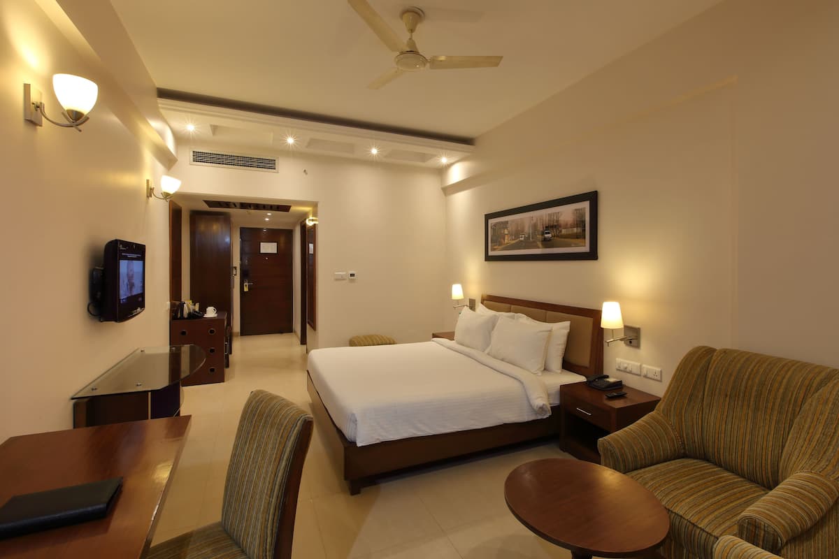 A hotel room with a bed, a desk, a chair, a sofa, a television, and a ceiling fan.