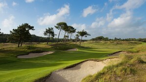 Campo de golf con búnkeres de arena, árboles y cielo despejado.
