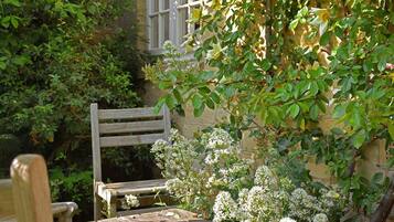A wooden bench in a garden with a stone wall and flowering plants.
