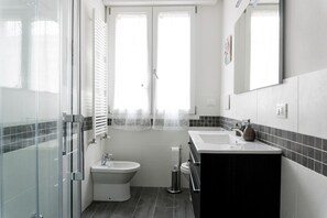 Shower, hair dryer, bidet, towels
