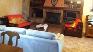 Una sala de estar con chimenea, un sofá rojo, un sofá azul y un televisor.
