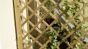 A wooden lattice gate with climbing plants behind it. - Tropeacentro (Tropea)