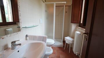 Un baño con lavamanos, inodoro y ducha.