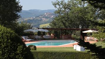 Seasonal outdoor pool, open 10:00 AM to 7:00 PM, pool umbrellas