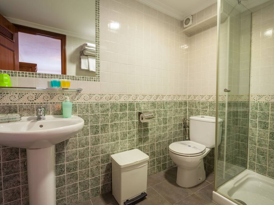 Un baño con lavamanos, inodoro y ducha.