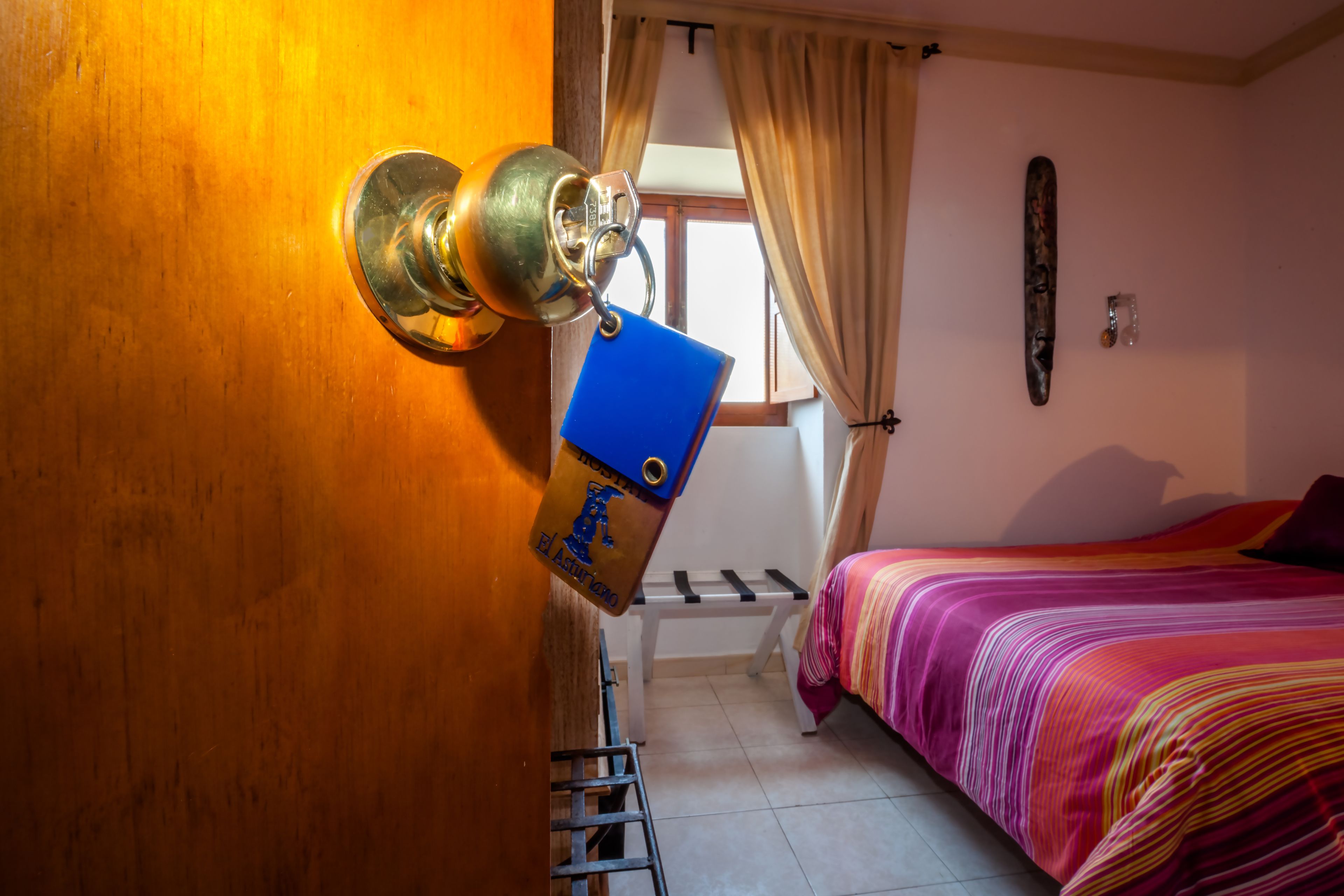A room with a bed, a wooden door, a window with curtains, and a wall-mounted decoration.