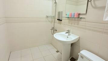 A bathroom with a toilet, sink, shower, and a mirror.