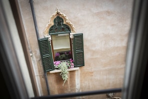 Janela com venezianas verdes, arco decorativo e plantas penduradas.