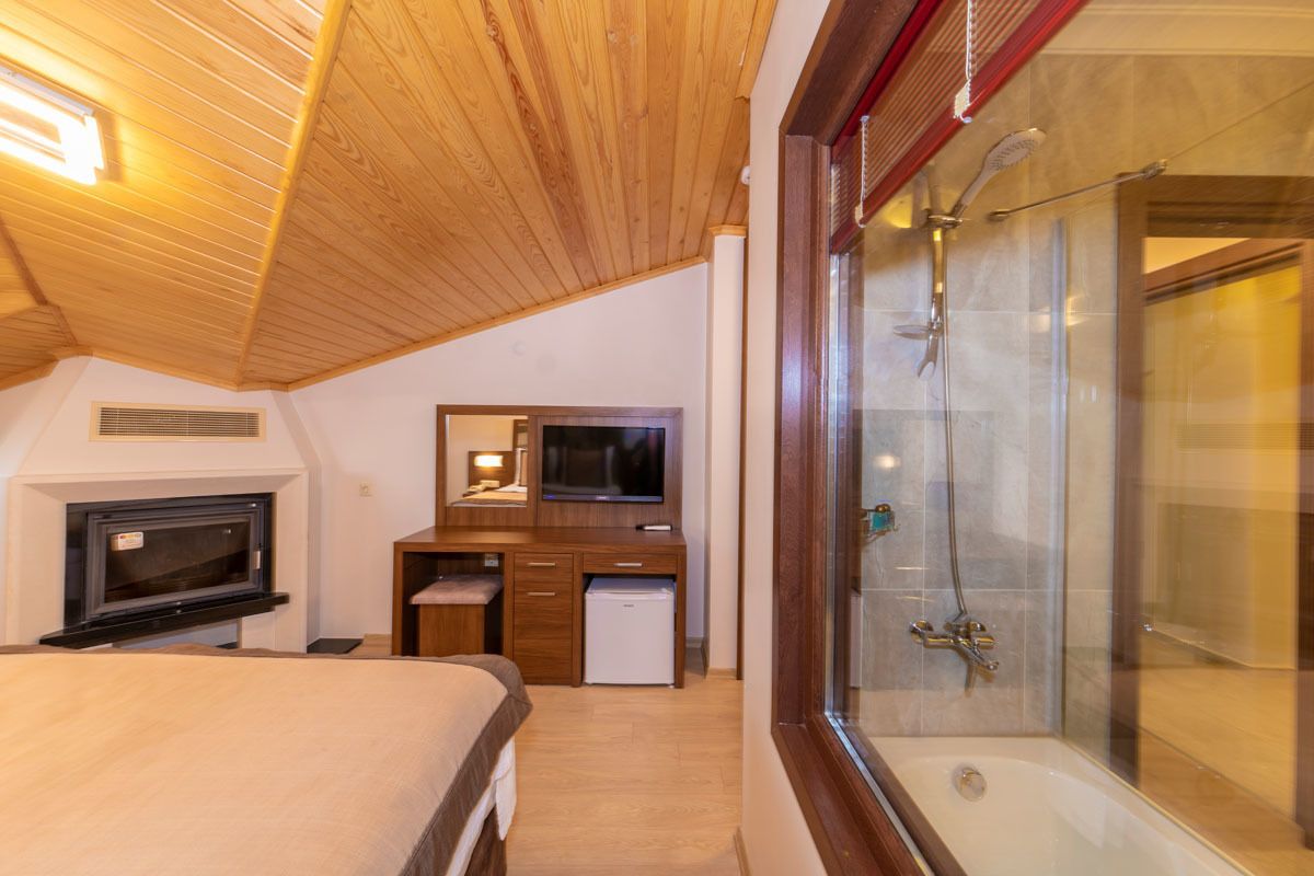 A bedroom with a wooden ceiling, a TV, a desk, a refrigerator, and a glass-enclosed shower.