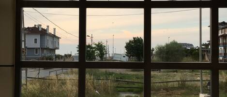 A large window with a view of a residential area and a grassy field.