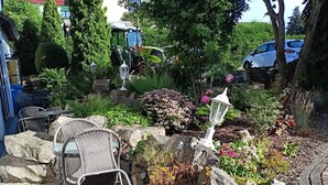 Un patio ajardinado con asientos de piedra, una pequeña mesa y diversas plantas y flores.