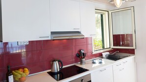 Une cuisine compacte avec des meubles blancs, un four encastré, un lave-linge et une fenêtre donnant sur un espace verdoyant.