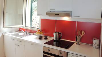 Full-sized fridge, microwave, oven, stovetop