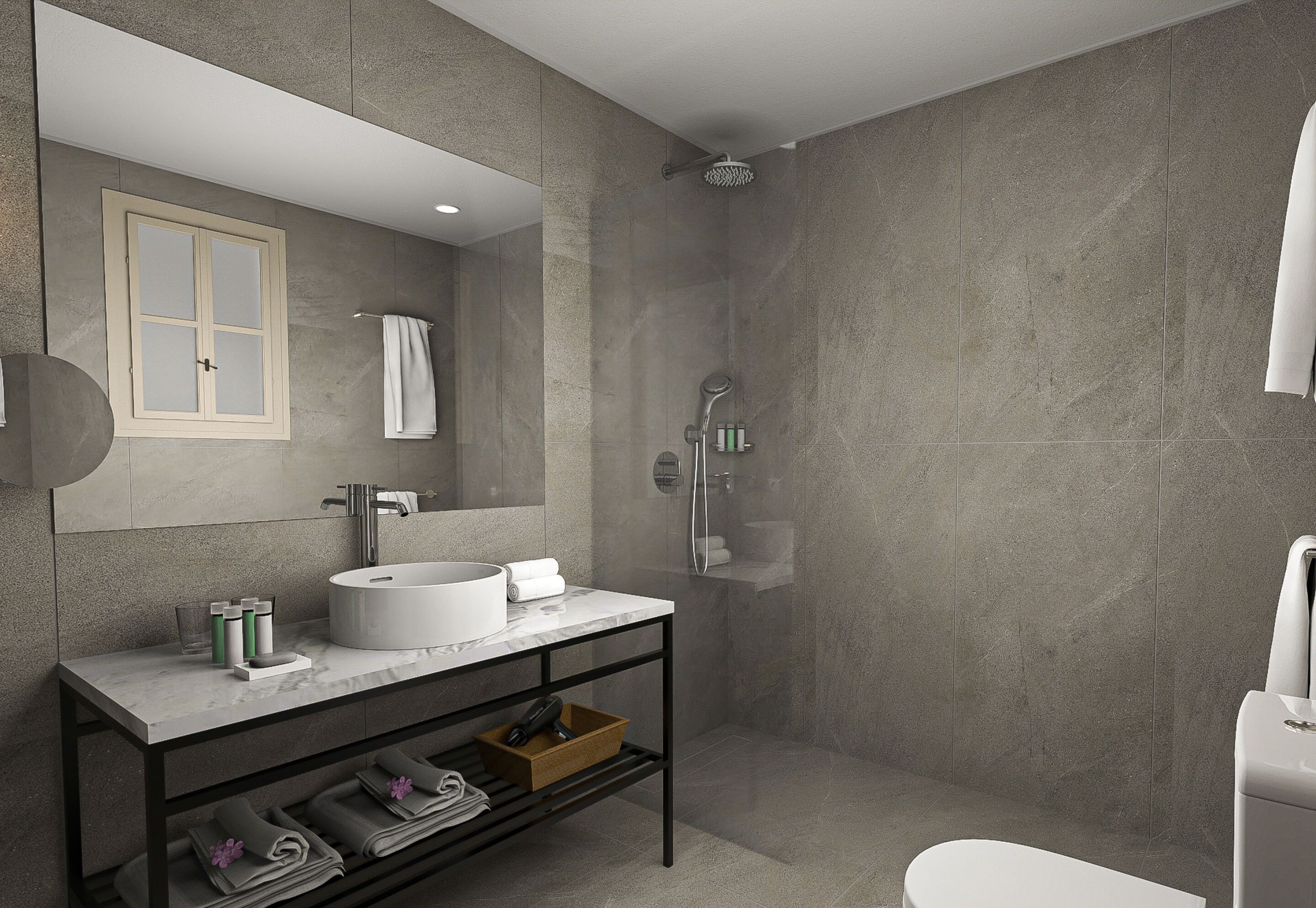 A modern bathroom with a large mirror, a round sink, a shower, and a toilet.