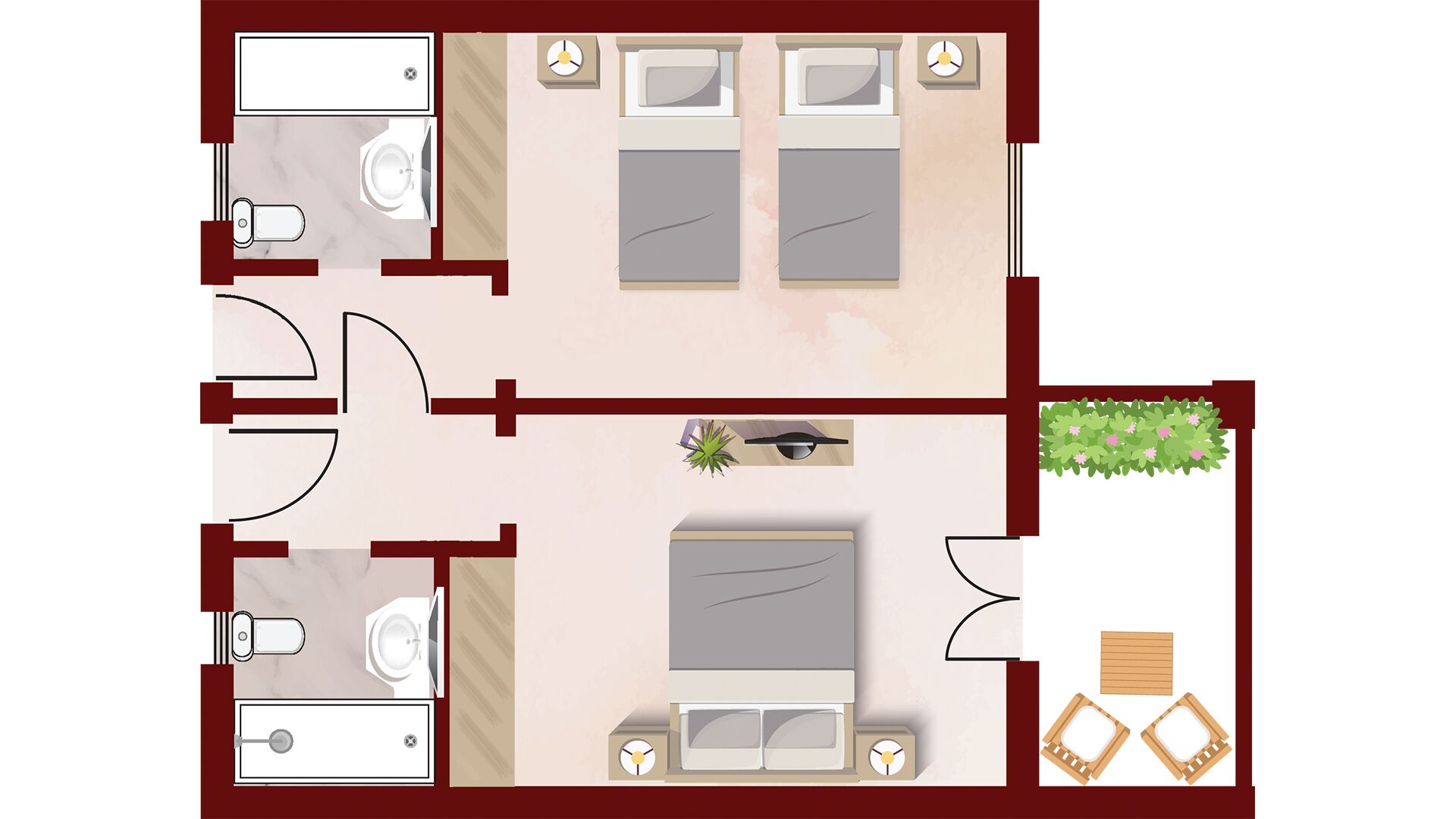 Distribución de una habitación de hotel con cama, dos mesitas de noche, baño pequeño y zona de estar con una planta.