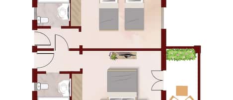 Distribución de una habitación de hotel con cama, dos mesitas de noche, baño pequeño y zona de estar con una planta.