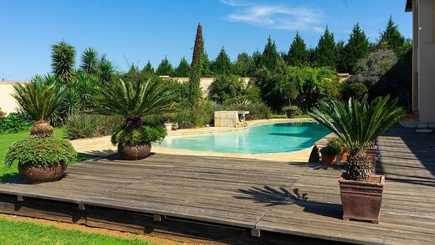 A swimming pool with a wooden deck and potted plants. - Stockowners Farm House (Howick)