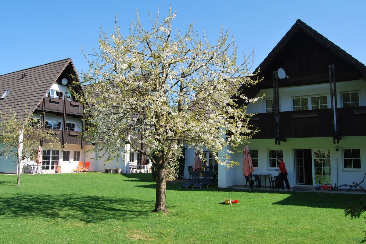 Une maison à deux étages avec un toit en pente, une pelouse bien entretenue et un arbre au premier plan.