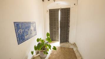 Un pasillo con una planta en maceta, un adorno azul en la pared y una puerta cerrada.