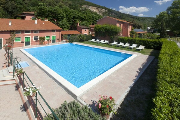 Seasonal outdoor pool, pool umbrellas, pool loungers