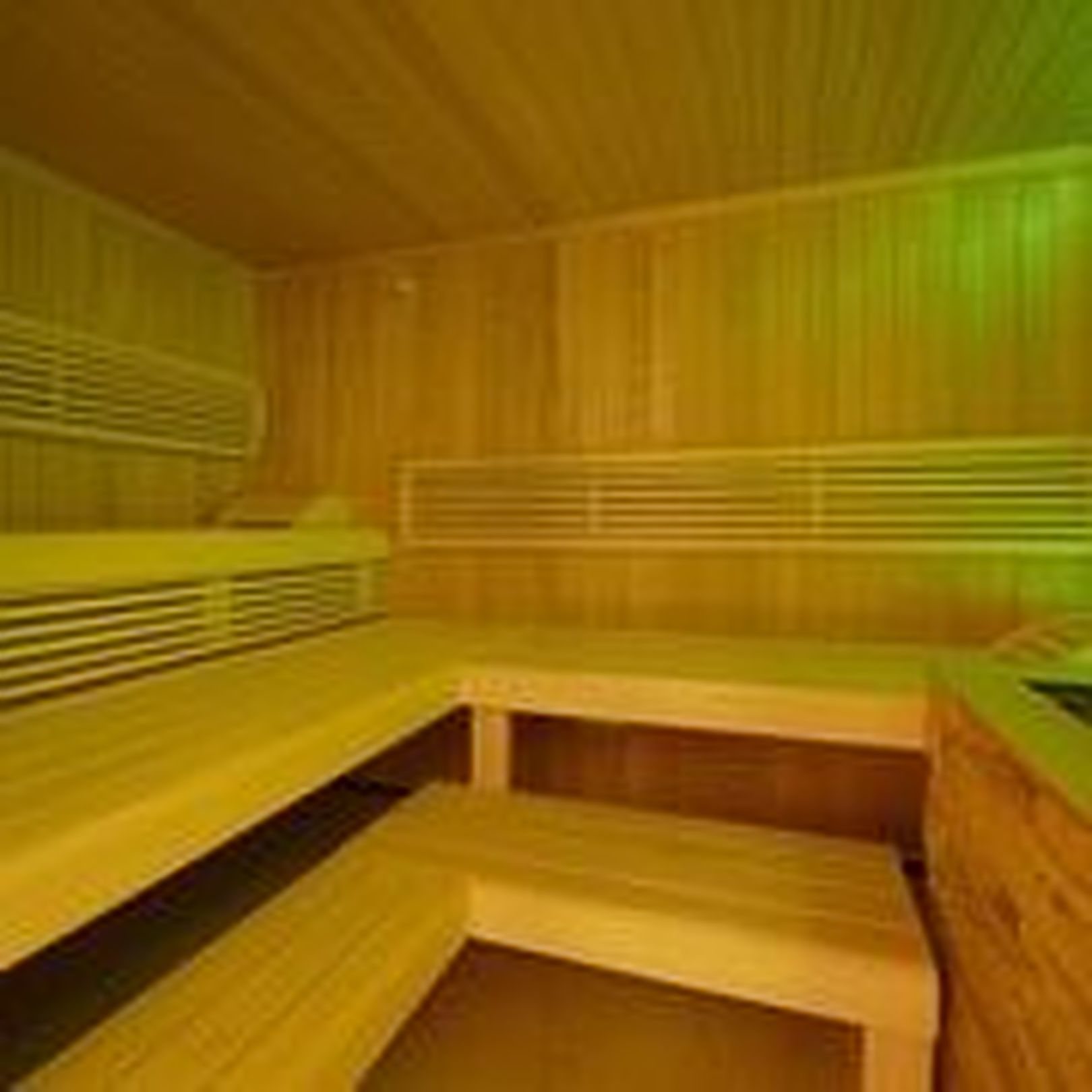 A sauna with wooden benches and a sloped ceiling.
