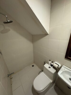 A small, white bathroom with a shower, toilet, and sink.