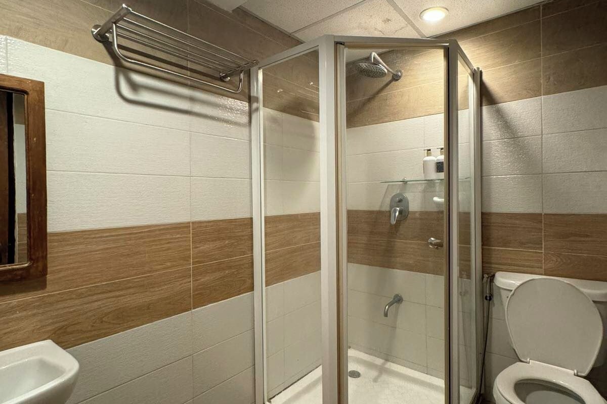A modern bathroom with a glass-enclosed shower, a toilet, and a sink.
