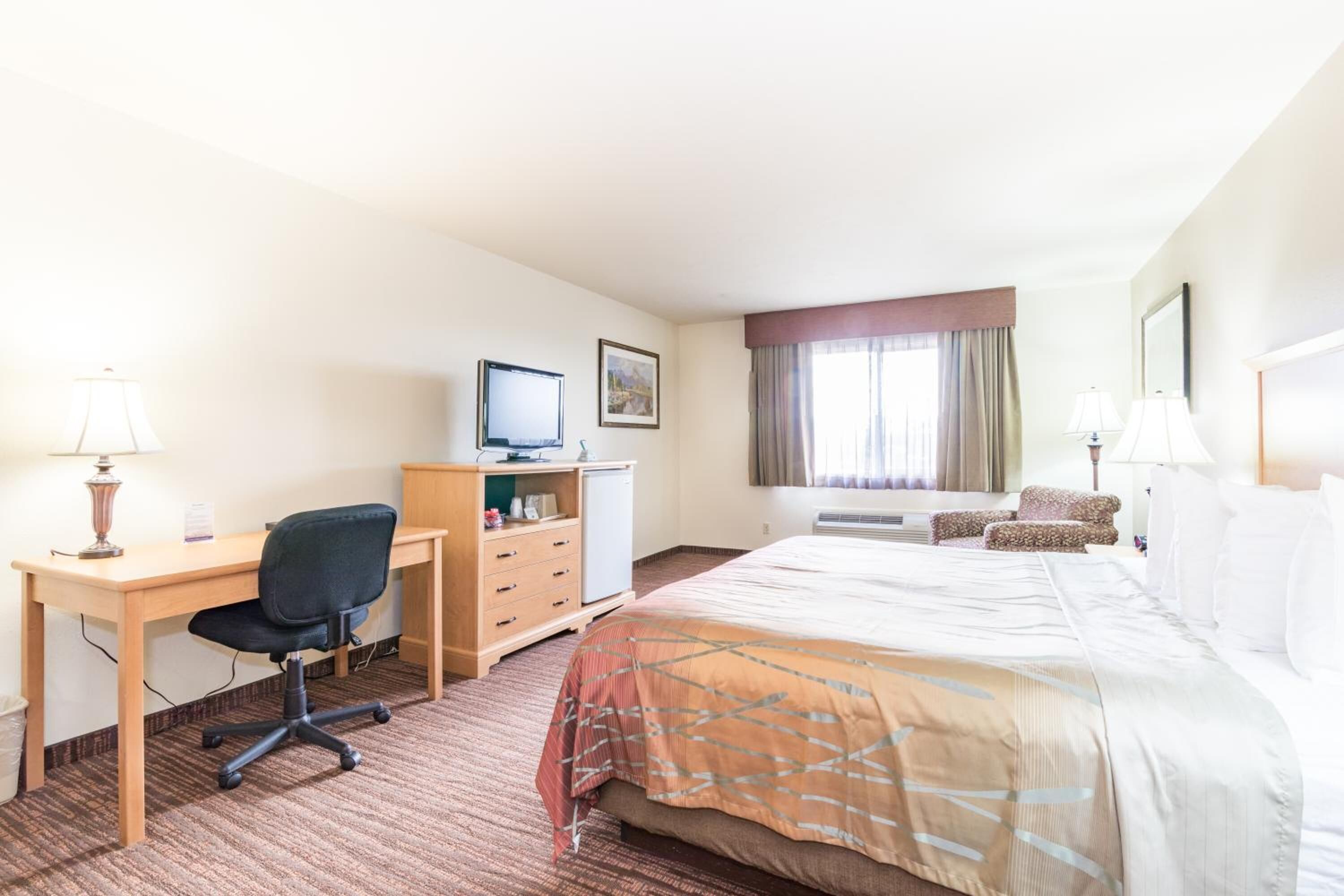 A hotel room with a bed, desk, chair, and a television.