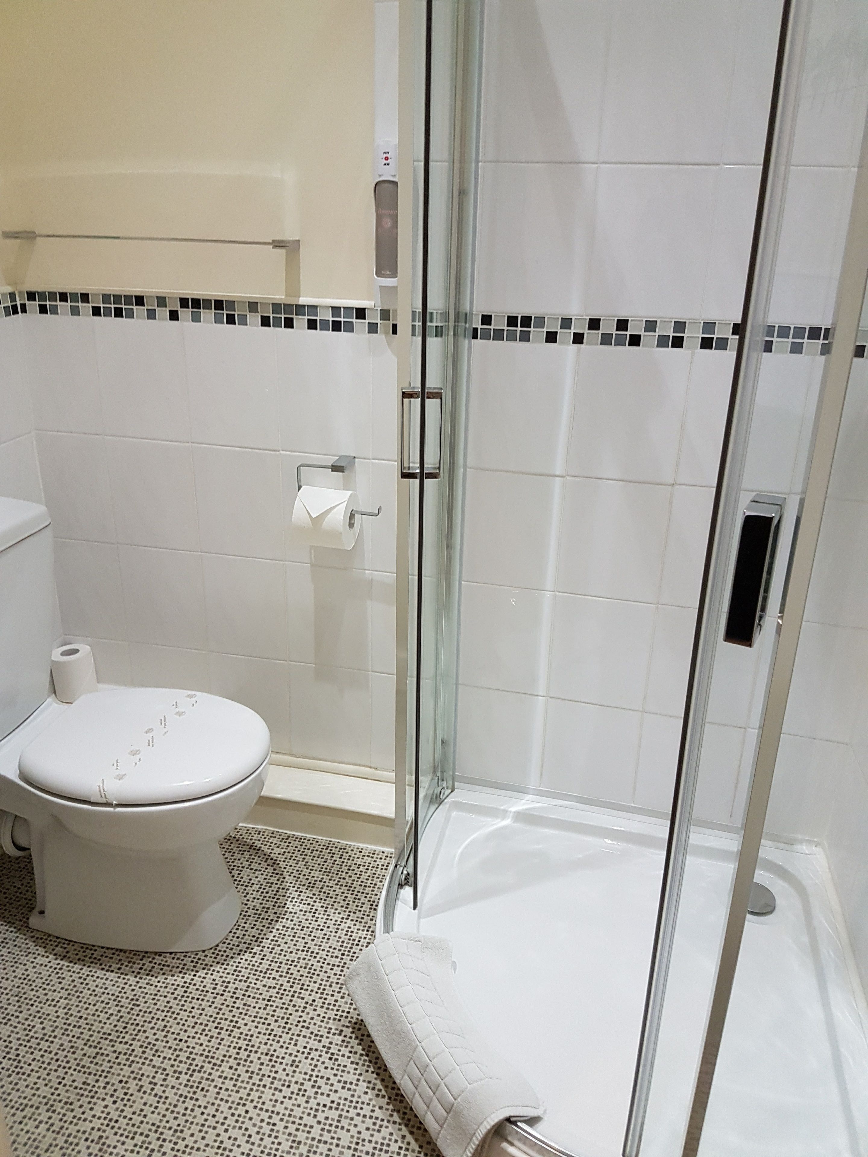 A bathroom with a toilet, a glass shower enclosure, and a towel.