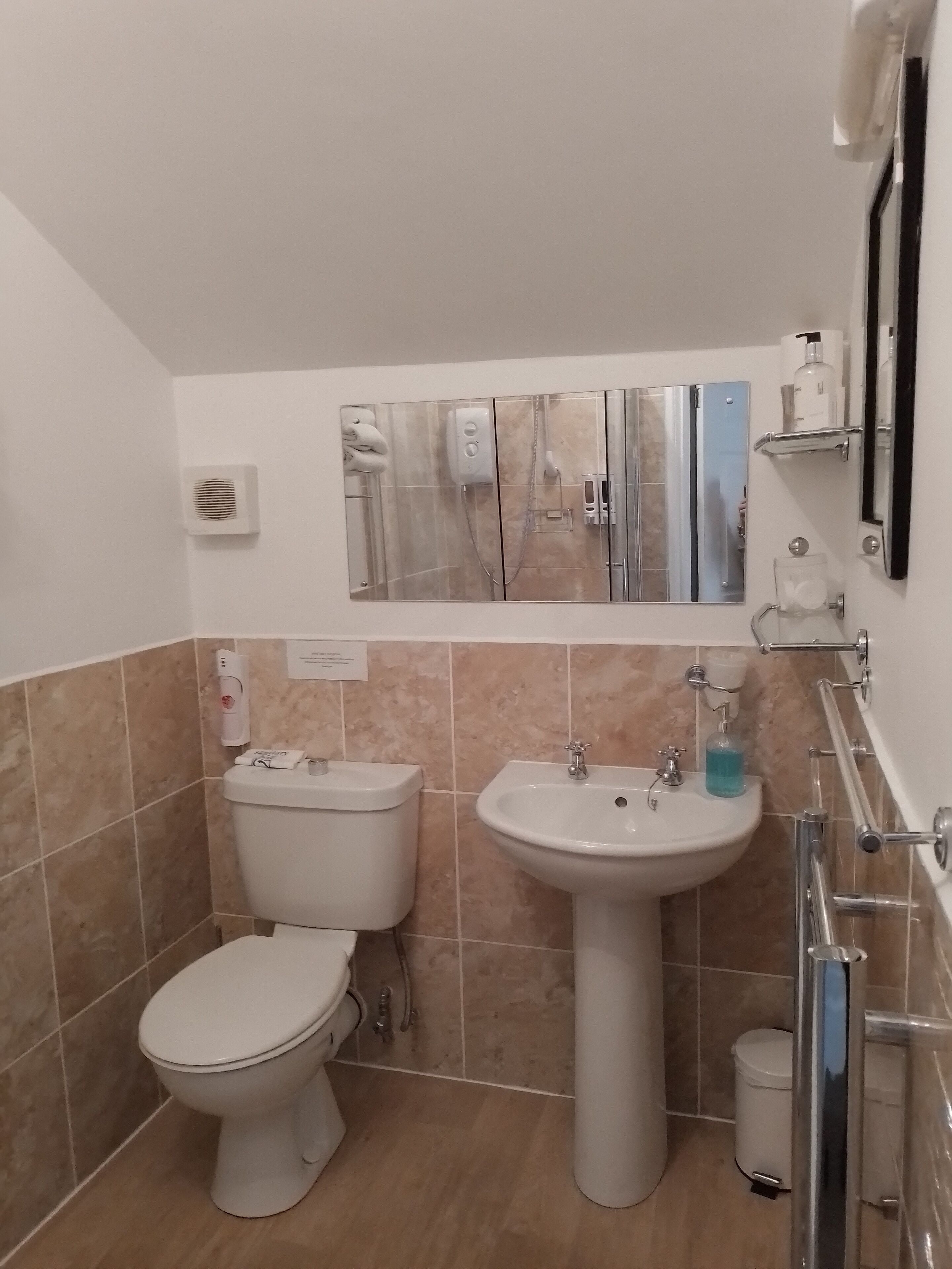 Un baño con inodoro, lavamanos y ducha.
